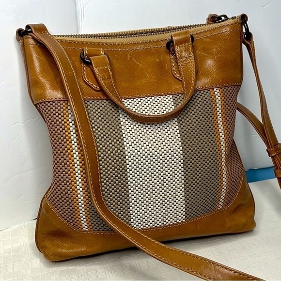 FRYE MELISSA LEATHER WOVEN STRIPED TOP HANDLE ZIP CROSSBODY SMALL TOTE BAG - Picture 5 of 12